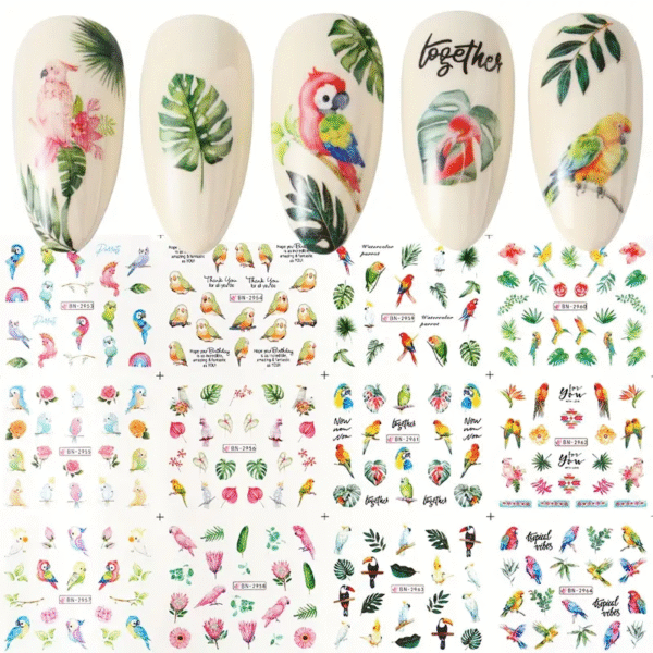 12pcs FULL BEAUTY Cute Cartoon Birds & Watercolor Birds Nail Stickers 