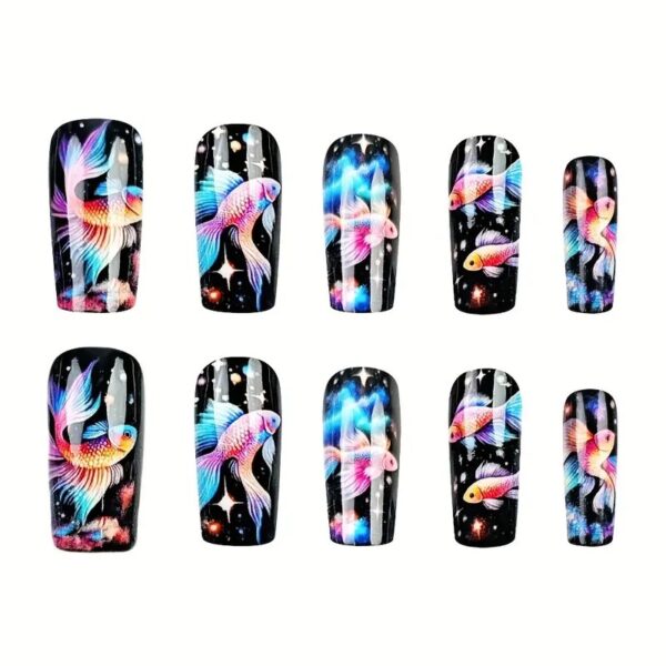 24 pcs Glossy Medium C-Curve Press On Nails with Vibrant Fish & Galaxy Design - Image 2