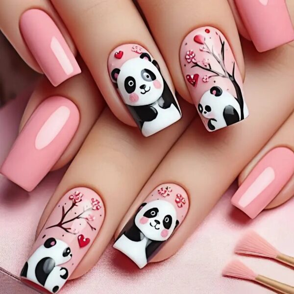 24pcs of Cute Pink Panda Love Wearable Nails in Finished Box