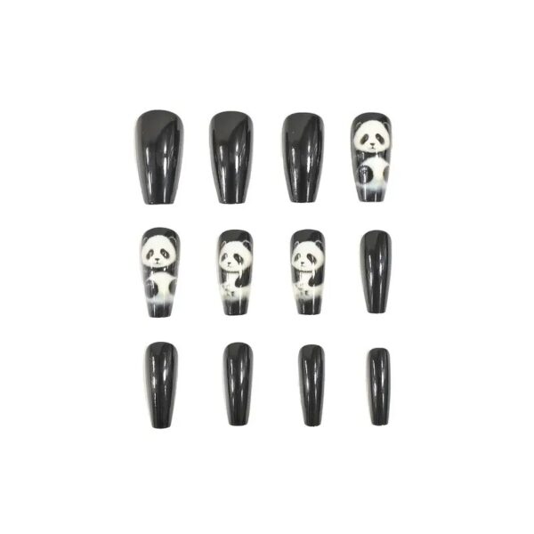 Full set of 24 long ballet false nails, with black and white panda bamboo cartoon pattern design - Image 2