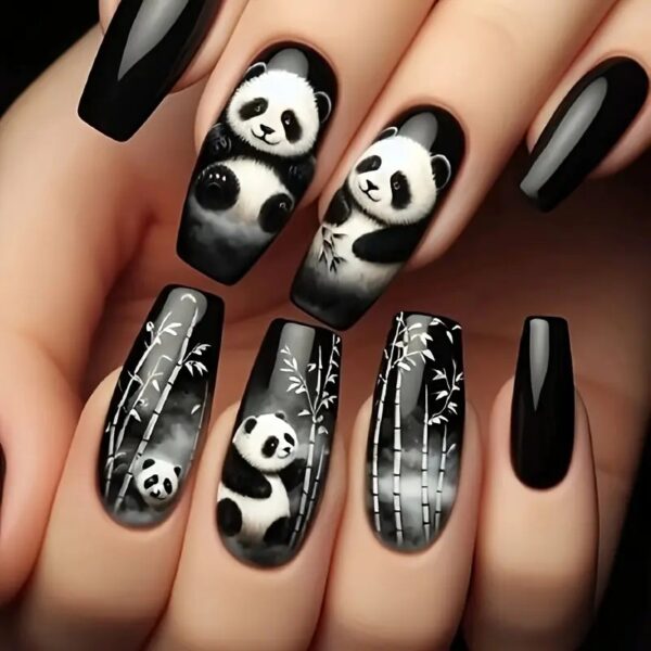 Full set of 24 long ballet false nails, with black and white panda bamboo cartoon pattern design
