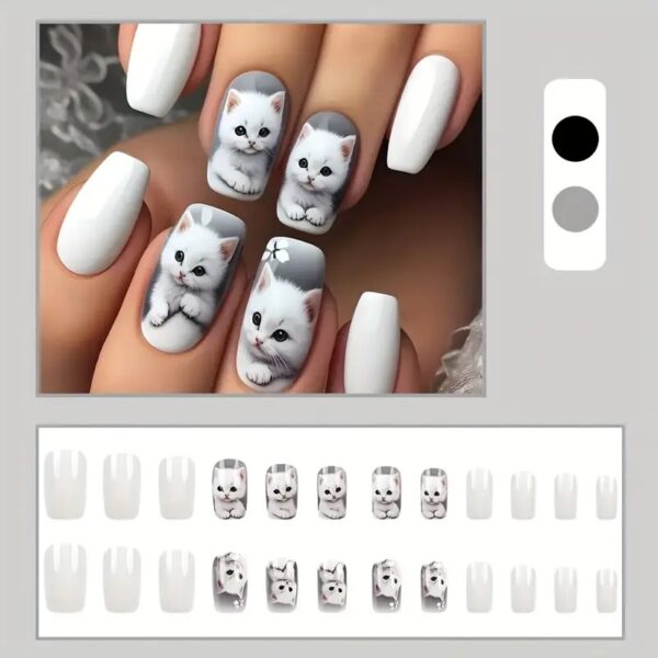 24pcs Medium Square White Cat Pattern False Nails - Image 2