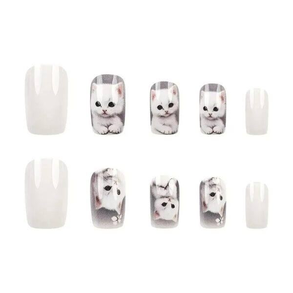24pcs Medium Square White Cat Pattern False Nails - Image 3