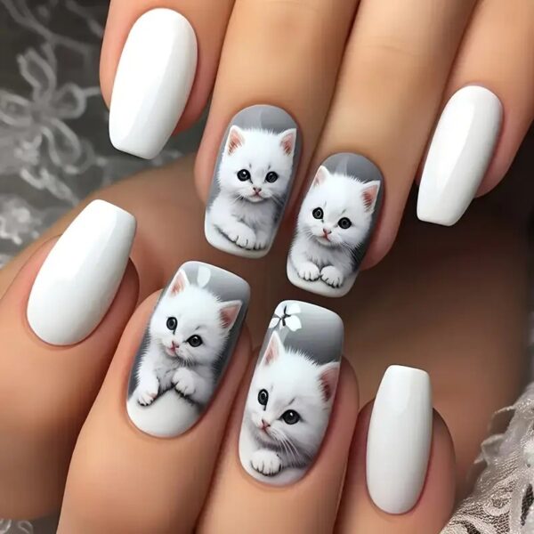 24pcs Medium Square White Cat Pattern False Nails