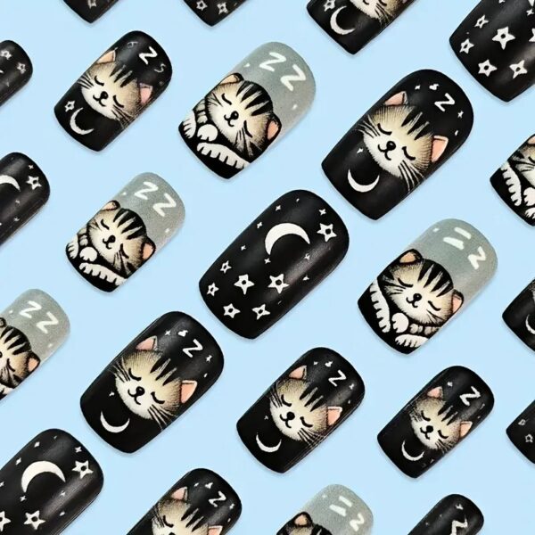 24pcs Middle Square Press-On Nails, Black Cartoon Cat Pattern - Image 2