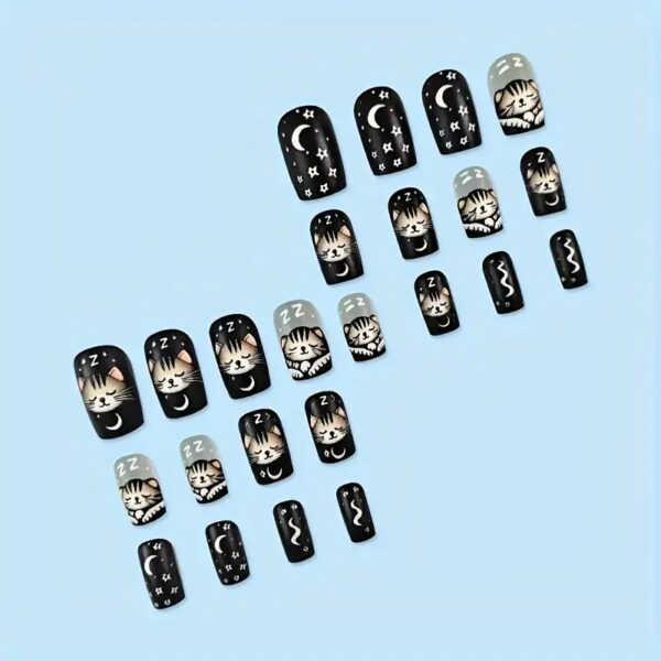 24pcs Middle Square Press-On Nails, Black Cartoon Cat Pattern - Image 3