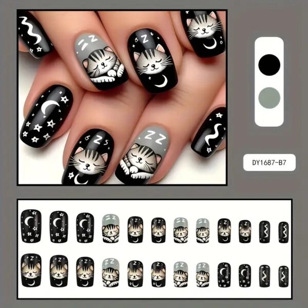 24pcs Middle Square Press-On Nails, Black Cartoon Cat Pattern