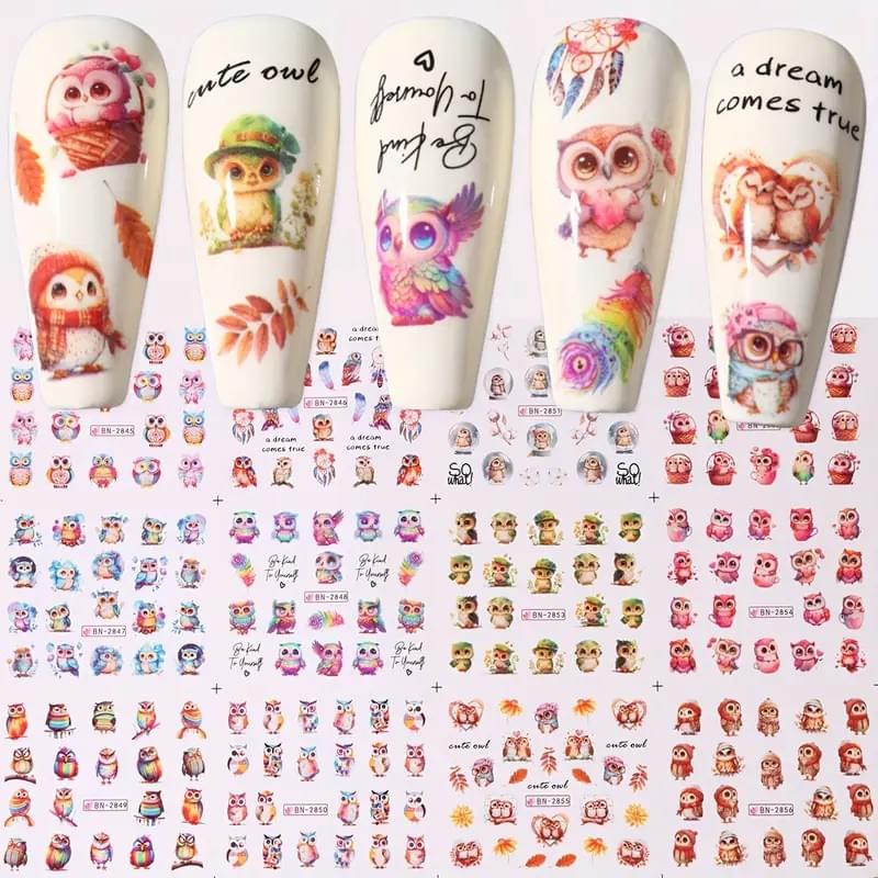 12pcs FULL BEAUTY Cute Cartoon Owl & Watercolor Birds Nail Stickers 