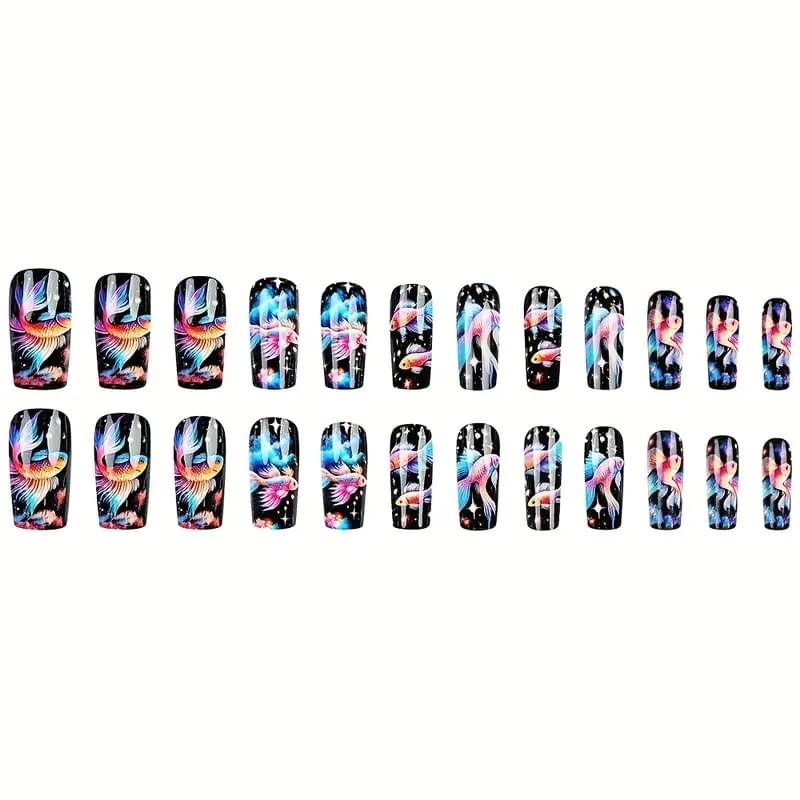 24 pcs Glossy Medium C-Curve Press On Nails with Vibrant Fish & Galaxy Design - Image 3