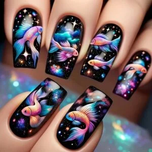 24 pcs Glossy Medium C-Curve Press On Nails with Vibrant Fish & Galaxy Design