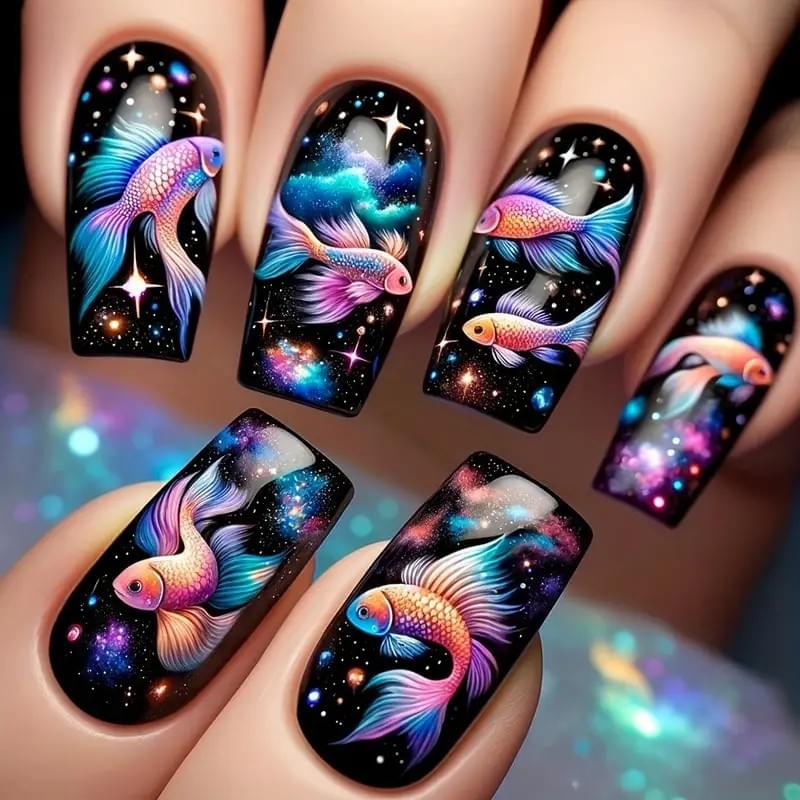 24 pcs Glossy Medium C-Curve Press On Nails with Vibrant Fish & Galaxy Design