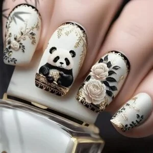 24pcs Elegant Golden Panda Floral Square Press-On Nails, Matte Finish with Black & Golden Animal & Flower Design, Medium Length