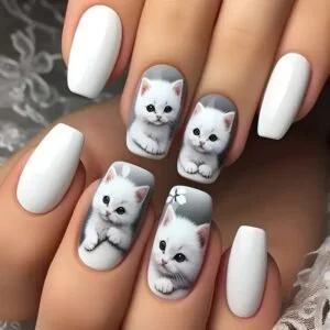 24pcs Medium Square White Cat Pattern False Nails