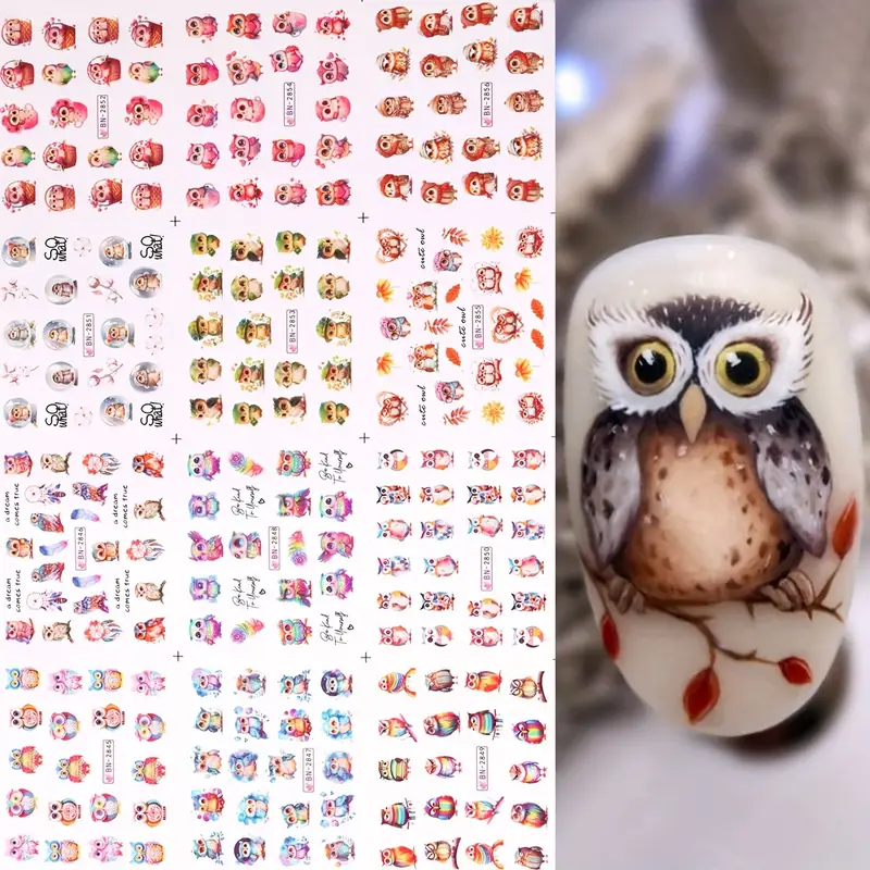 12pcs FULL BEAUTY Cute Cartoon Owl & Watercolor Birds Nail Stickers  - Image 2