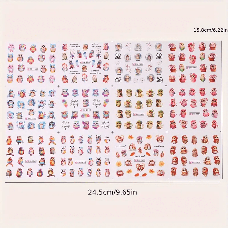 12pcs FULL BEAUTY Cute Cartoon Owl & Watercolor Birds Nail Stickers  - Image 3