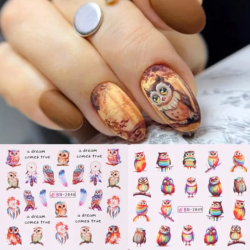 12pcs FULL BEAUTY Cute Cartoon Owl & Watercolor Birds Nail Stickers  - Image 4