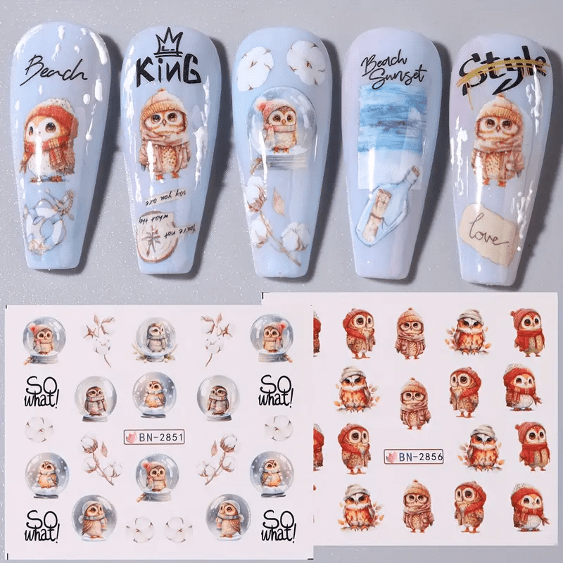 12pcs FULL BEAUTY Cute Cartoon Owl & Watercolor Birds Nail Stickers  - Image 5